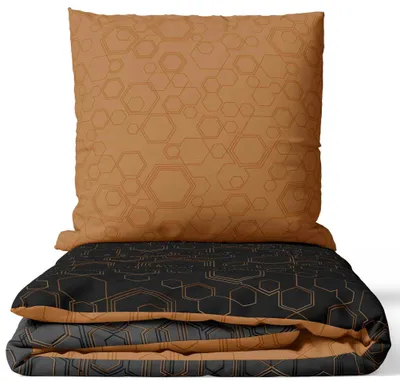 Produktbild von Renforce Bettwäsche Set Baumwolle 155x220 und 80x80 Schwarz Kupfer Geometrisches Design mit Reißverschluss
