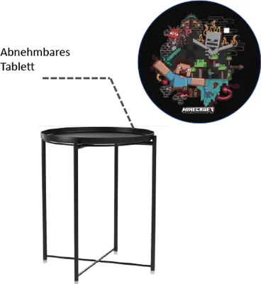 Produktbild von MINECRAFT - runder Beistelltisch mit abnehmbaren Tablett, Gaming Möbel mit dunklem Design und bunten Minecraft Print