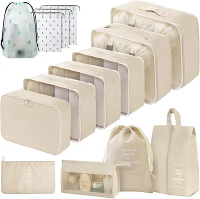 Obrázok produktu pre Sada organizérov do kufra 14-dielna, Vodotesné packing cubes, Multifunkčné cestovné organizéry, Béžová