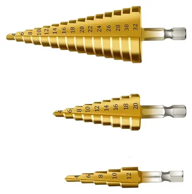 Zdjęcie produktu dla 3-częściowy Zestaw Wierteł Stożkowych, Wiertło HSS Titanowe, 4-12/20/32mm, do Drewna i Metalu