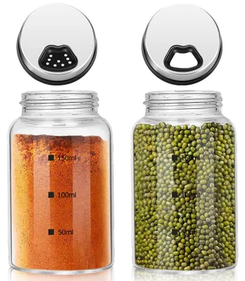 Produktbild von Gewürzgläser mit Drehdeckel - 2 Stück Borosilikatglas Gewürzstreuer mit 4 Streuöffnungen - für Küche und Grillen - 150ml