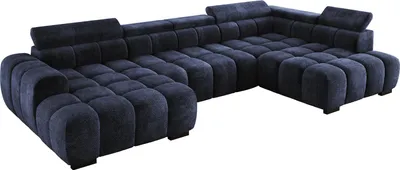 Produktbild von DomoHome Modern Großes U‑Förmiges Ecksofa Stoff EDEN Blau Rechte Seite 393×205×97 cm – Verstellbare Kopfstützen, Schlaf‑Optional, Minimalistisches Kubistisches Design