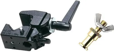 A black super clamp and a gold adapter bolt are shown against a white background.