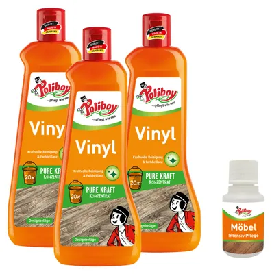 Produktbild von Poliboy Vinyl Reiniger Konzentrat - 3x500ml - zur kraftvollen Reinigung von Kunststoffböden - mit Jojobaöl - mit Möbel Probe