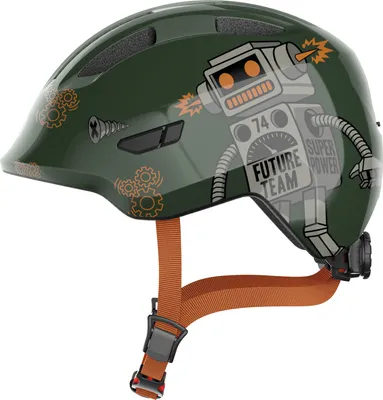 Produktbild von ABUS Kinderhelm Smiley 3.0 - Fahrradhelm mit tiefer Passform, kindergerechten Designs & Platz für einen Zopf - für Mädchen und Jungs - Grün mit Roboter-Muster, Größe M (50-55 cm)