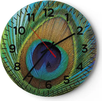 Produktbild von Wanduhr - Rund - Glasuhr - Pfauen Federn Regenbogen - 30x30cm - Schleichendes Uhrwerk - Lautlos - zum Aufhängen bereit - Dekoration Modern - Wanddekoration aus Glas - C4AR30x30-4385