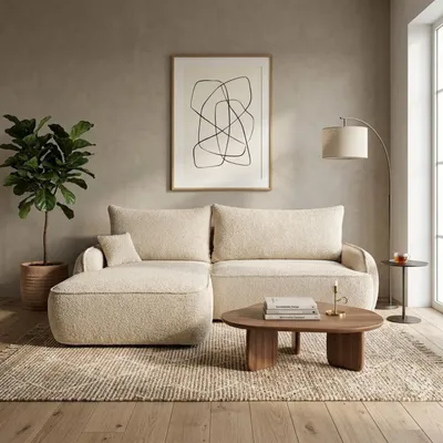 Produktbild von Modernes Bouclé-Ecksofa OVELLA mit Schlaffunktion, Bettkasten und DL-Automat – trendige L-Form Schlafcouch mit Paspelierung, Beige Links