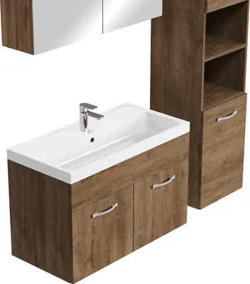 Produktbild von Badplaats Badmöbel Komplettset Paso XL LED 80 x 40 cm Braun Eiche - Badezimmermöbel mit Waschbecken, Spiegelschrank und 2 Badezimmerschränke