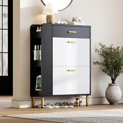 Produktbild von Merax Schuhschrank, Schmaler Schuhschrank mit 2 Klappen, 1 Schublade, 3 offenen Fächern, Metallbeine, freistehend, ideal für Flur, Weiß+Schwarz