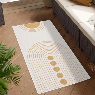 Produktbild von Teppich Outdoor Wetterfest - Ockergelb, Creme - Wendeteppich - 80x150 cm - Kreis-Muster