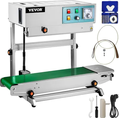 Obrázek produktu pro VEVOR kontinuální vertikální těsnicí stroj, 220 V těsnicí stroj, 0-12 m / min komerční plastové těsnicí stroje na sáčky, FR-900 těsnicí fólie, 1-300 ℃