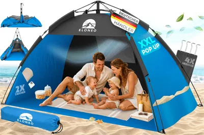 Produktbild von ELONEO Pop-Up Strandmuschel mit UV-Schutz 80+, leichter Aufbau, kompakt, Tragetasche, Sonnenschutz & Windschutz für Kinder und Erwachsene - XXL Blau