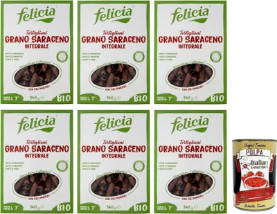 Produktbild von 6x Felicia Tortiglioni di Grano Saraceno Integrale,Pasta mit 100% -Buchweizen,Bio und Natürlich Glutenfrei,Packung mit 340g + Italian Gourmet Polpa di Pomodoro 400g Dose