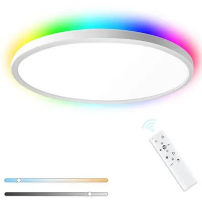 A white, circular LED ceiling light with a colorful RGB light halo around the edge, shown from a slightly elevated angle. A white remote control and two horizontal sliders representing light adjustment are also visible in the lower right and bottom of the