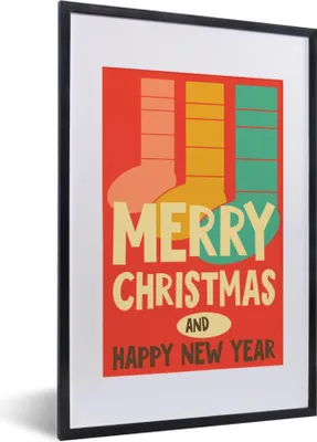 Produktbild von MuchoWow® MuchoWow® Gerahmtes Poster Weihnachtssocken - Illustration - Weihnachten - Zitate - Sprichwörter - Frohe Weihnachten und ein gutes neues Jahr - Rot 40x60 cm - Poster mit zchwarzem Bilderrahm