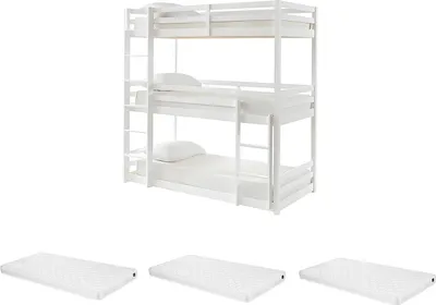 Produktbild von Etagenbett 3 Personen + Matratzen - Kiefernholz - 3 x 90 x 200 cm - Weiß - VAGAR