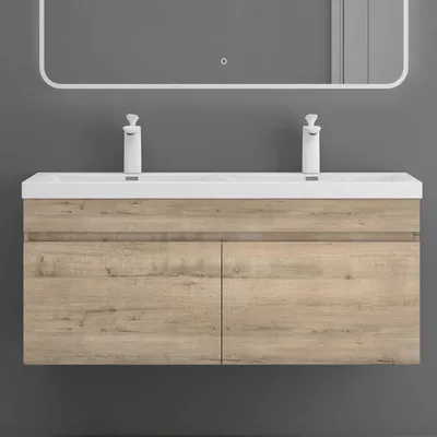Image de doporro Meuble de Salle de Bain Chêne Clair Ensemble de 2 Pièces Meuble avec Lavabo 120cm Design Botanica avec 2 Grands Tiroirs