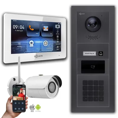 Image de Interphone vidéo Goliath IP : 7 pouces 1 moniteur, RFID, code numérique, anthracite, caméra Wifi : 7 pouces en blanc : Boîte d'encastrement Sélection du moniteur : 7 pouces en blanc Boîte de montage de la sonnette : Boîte d'encastrement
