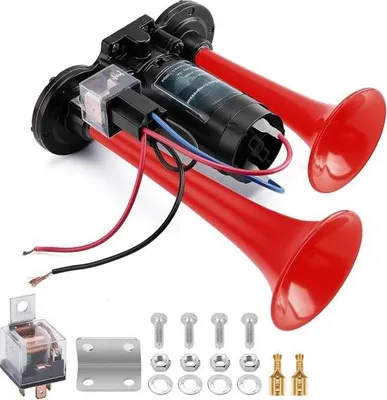 Productafbeelding van 150 dB luchthoorn voor vrachtwagens – Super luid luchthoornset – Compressor – 12 V – Geschikt voor voertuigen, treinen en boten – Rood