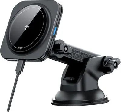 A black wireless car charger with a magnetic mount and suction cup base.