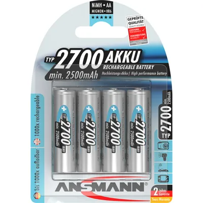 Produktbild von Ansmann Blister 4 X Accu, AA, 2700mAh, AA / HR6, Nickel-Metallhydrid (NiMH), 1,2 V, 2700 mAh, Blau, 125 mm