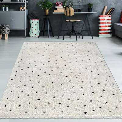 Zdjęcie produktu dla Nowoczesny dywan z wysokim włosiem w kropki Miękki i łatwy w pielęgnacji Beżowy w czarne kropki Rozmiar - 120 x 170 cm