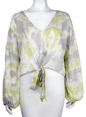 Produktbild von Langarmshirt Top Bindetop Batik Tie Dye bauchfrei T-Shirt grau gelb