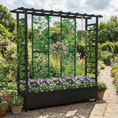 Produktbild von Hochbeet mit Rankgitter und Hängedach, wetterfester Metall-Pflanzkasten mit 4 Rollen und 2 seitlichen Rankgittern für Kletterpflanzen, mobiler Sichtschutz für Terrasse, Balkon und Garten