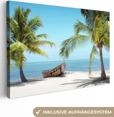 Produktbild von MuchoWow® - Leinwandbilder - Palme - Boot - Strand, Wandbild, Wanddeko Bilder Wohnzimmer, 120x80 cm