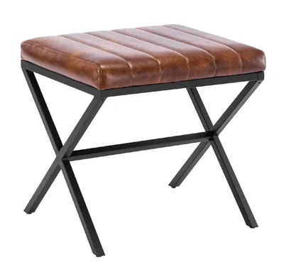 A brown upholstered stool with a black metal frame.