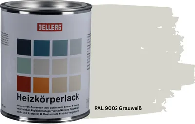 Produktbild von OELLERS Heizkörperlack DIY 1L – RAL 9002 Grauweiß | Heizkörperfarbe & Heizungsfarbe | Hochdeckender Heizungslack | Hitzebeständig & langlebig