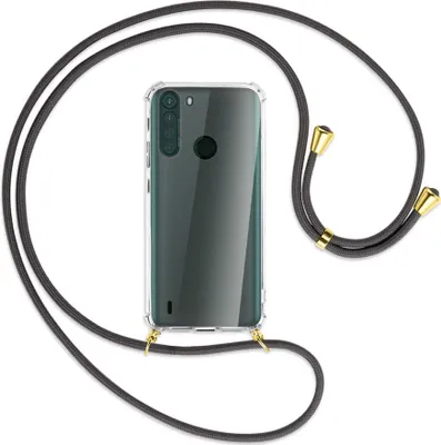 Produktbild von Handykette Backcover-Schutzhülle mit Band (Metall goldfarben) für Motorola One Fusion - dunkelgrau
