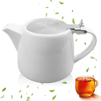Imagen del producto de Tetera de porcelana con colador, 500 ml, color blanco, tapa de acero inoxidable, para la cocina