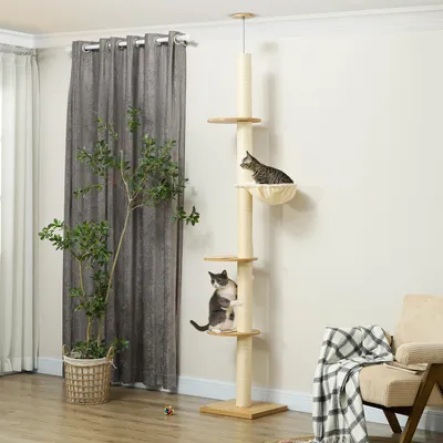 Produktbild von Kratzbaum Deckenspanner, Sisal-Kratzpfosten, Holzwerkstoff Eiche+Cremeweiß | 250 cm | 40x40 cm Basis | Anti-Kipp-Sicherung
