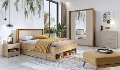 Produktbild von Schlafzimmer komplett Set mit Bett 160x200 cm in Eiche mit beige ISPARTA-83, 8-teilig