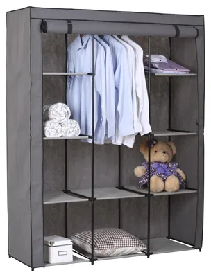 Produktbild von Stoffkleiderschrank Kellerregal Faltkleiderschrank STEVEN, mit 1 Kleiderstange und 9 Regalfächern, inkl. Schutzhülle in grau - 7 verschiedene Aufbauvarianten