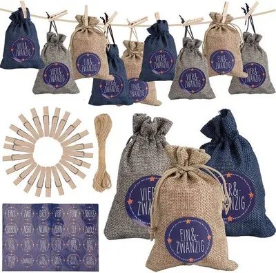 Image de Calendrier de l'Avent à remplir - 24 sachets cadeaux - Kit de loisirs créatifs pour la décoration de Noël - Ensemble de bricolage complet - Bleu/Beige/Gris