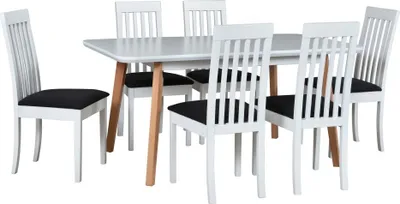 Produktbild von Esstischgarnitur, Esszimmerstühle aus Buchenholz, Esstischen und Stühlen, moderne Esszimmer- und Küchenstühle, Esstischmöbel, Esstisch mit Stühle - Set 6x Stuhl  ROMA 9 Weiß Tisch OSLO 8
