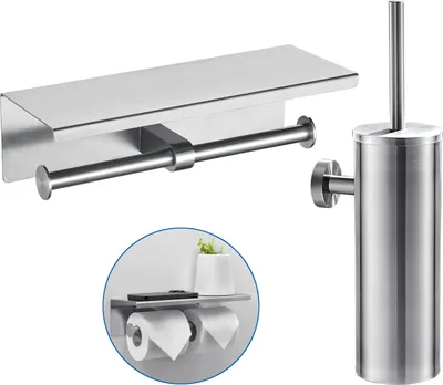 Obrázek produktu pro Nerezový nástěnný držák WC štětky WC štětka s montáží na stěnu + držák na toaletní papír s držákem na mobilní telefon dvojitý držák na toaletní papír, kartáčovaný