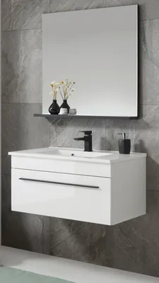 Produktbild von Badmöbel Set "Design-D" weiß Hochglanz Badkombination mit Waschbecken 80 x 200 cm