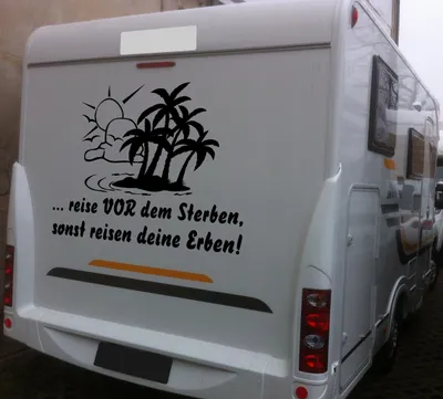 Produktbild von Autoaufkleber - "Reise vor dem Sterben, sonst reisen deine Erben." mit Palmen, KKZ-Aufkleber für Wohnwagen, Wohnwagenaufkleber
