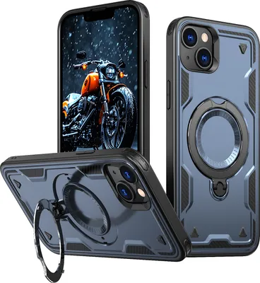 Produktbild von Dual Layer Hülle für iPhone 13/iPhone 14 Metall Ring Ständer Magnetisch Stoßfest Militär Handyhülle Blau
