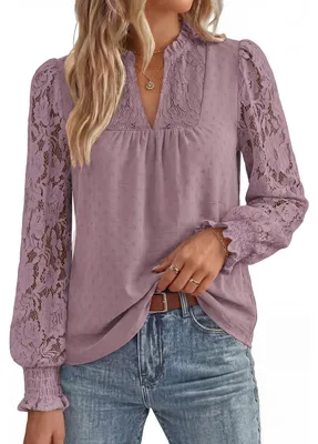 Imagen del producto de Blusa de manga larga para mujer - Estilo Henley, cuello en V - Gris/Lila
