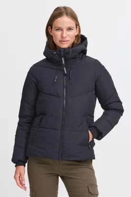 Produktbild von OXMO OXJuchena Damen Steppjacke Winterjacke Jacke mit Kapuze Reißverschlusstaschen regulierbarem Elastikband Rippbündchen Label-Details Regular fit