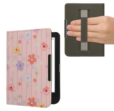 Produktbild von kwmobile Schutzhülle für Kobo Clara BW / Clara Colour / Tolino Shine (5) / Shine Color Hülle - eReader Flip Case mit Handschlaufe - Hibiskus-Malven