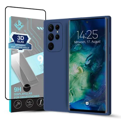 Produktbild von Hülle für Samsung Galaxy S22 Ultra mit 9H Displayglas Displayschutz Case Cover Bumper Smartphone Softgrip Schutzhülle Farbe: Blau