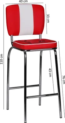 Image de FineBuy, lot de 2 tabourets de bar American Diner, rouge, style rétro des années 50, avec dossier et repose-pieds, hauteur d'assise 76 cm