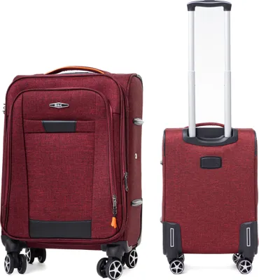 Two views of a red suitcase against a white background.
