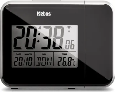 Produktbild von Mebus Funk-Wecker mit Projektion und Thermometer / Funkuhrwerk – stellt sich vollautomatisch ein / schwenkbarer Projektor / Farbe: Schwarz / Modell: 42425