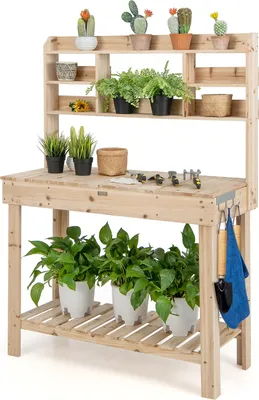 Produktbild von COSTWAY Pflanztisch mit Ablageboden, Gärtnertisch aus Holz mit 3-stöckiges Langregal & Aufklappbarer Tischplatte & 3 Haken, Blumentisch für Terrasse, Garten & Balkon, 108 x 50 x 153 cm